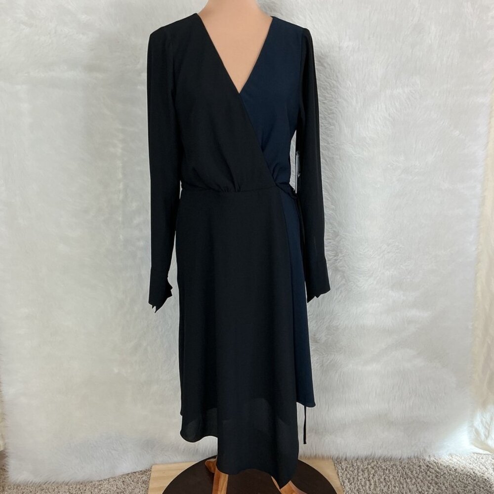 Bailey 44 Black & Navy Blue Long Sleeve Marilyn Colorblock Wrap Dress NWT 10